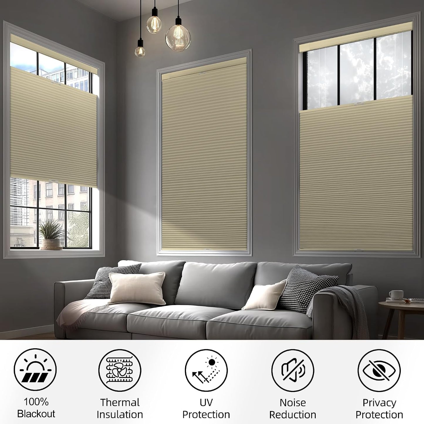 Top down Bottom up Cordless Cellular Shades,No Drill Blinds 34"X48" | Beige Blackout TDBU Adjusts Light & Privacy. No-Drill Mount. Honeycomb Saves Energy, Insulates, Blocks Light & Cuts Noise.