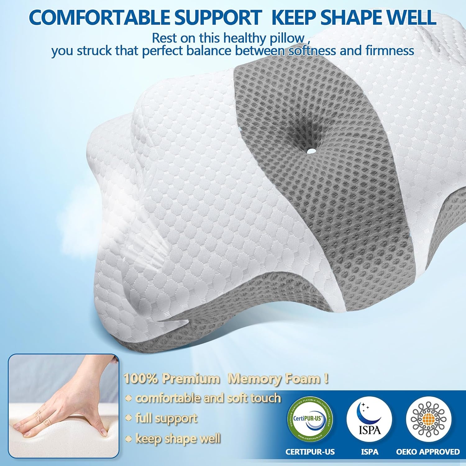 Memory Foam Pillows, Cervical Pillow for Neck & Shoulder Pain Relief | Ergonomic Contour Bed Pillow, Soft for Side Sleep Stomach Sleeping and Back Sleeper-Queen Size&Grey