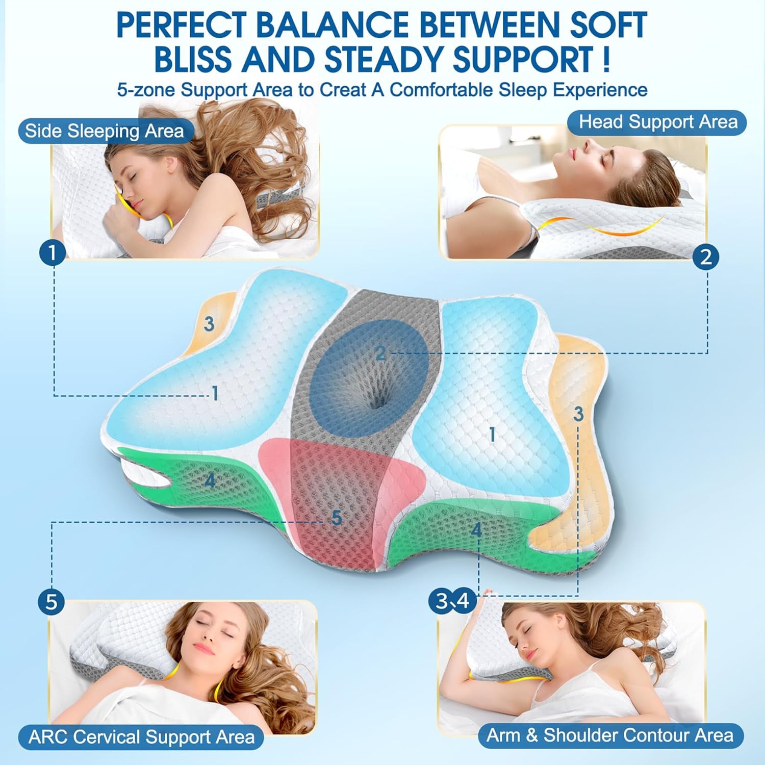 Memory Foam Pillows, Cervical Pillow for Neck & Shoulder Pain Relief | Ergonomic Contour Bed Pillow, Soft for Side Sleep Stomach Sleeping and Back Sleeper-Queen Size&Grey