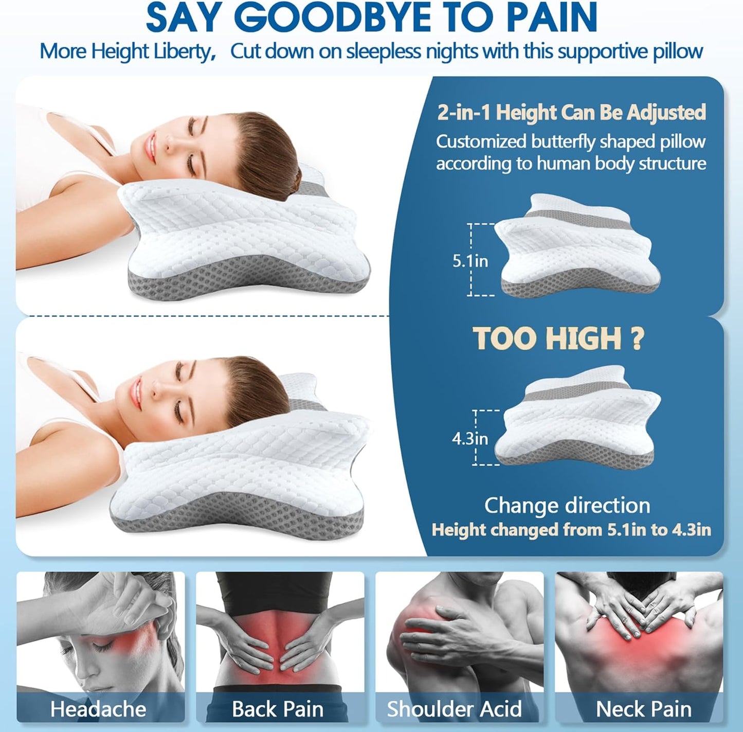 Memory Foam Pillows, Cervical Pillow for Neck & Shoulder Pain Relief | Ergonomic Contour Bed Pillow, Soft for Side Sleep Stomach Sleeping and Back Sleeper-Queen Size&Grey