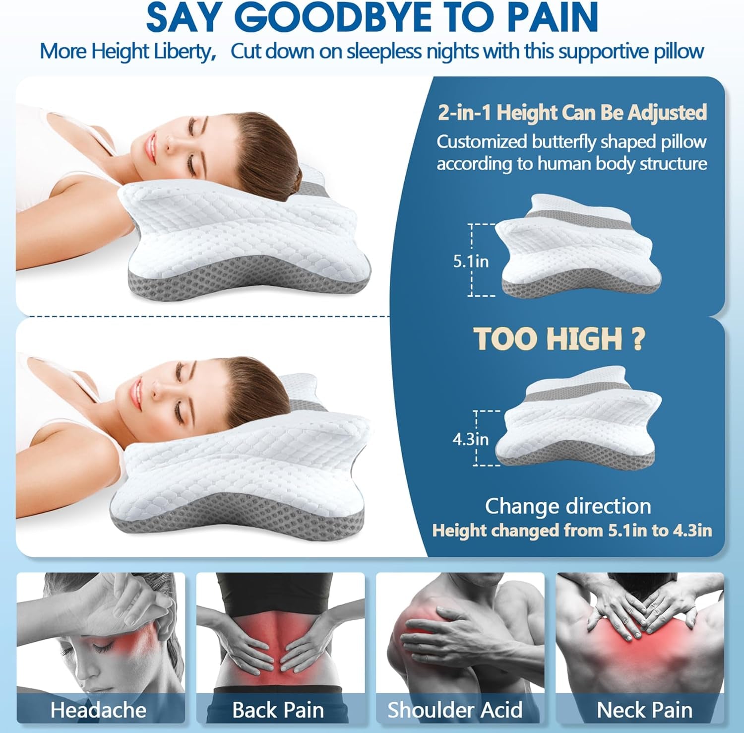 Memory Foam Pillows, Cervical Pillow for Neck & Shoulder Pain Relief | Ergonomic Contour Bed Pillow, Soft for Side Sleep Stomach Sleeping and Back Sleeper-Queen Size&Grey