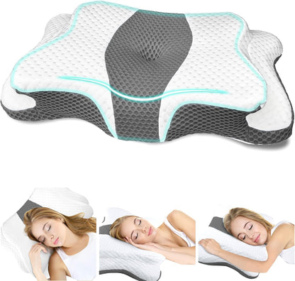 Memory Foam Pillows, Cervical Pillow for Neck & Shoulder Pain Relief | Ergonomic Contour Bed Pillow, Soft for Side Sleep Stomach Sleeping and Back Sleeper-Queen Size&Grey